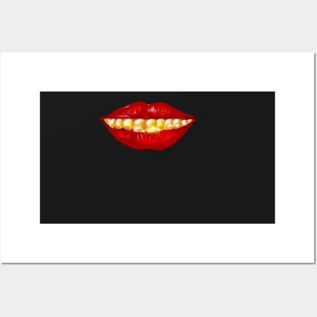 Smiling red lips and gold teeth Wall Art by Artonmytee